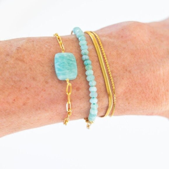 Stunning Amazonite Gemstone Bracelet Gold Link Chain Beautiful Bracelet - Picture 1 of 6
